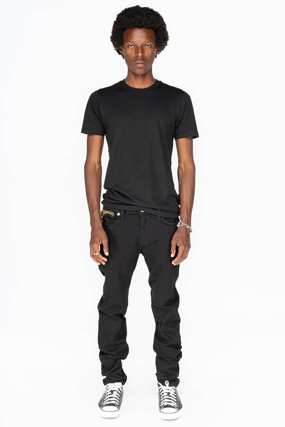 KILLER FLAP MENS SKINNY JEANS IN PURE BLACK WITH GOLD GOTHIC EMBROIDERY FULLY EMBELLISHED CRYSTALS