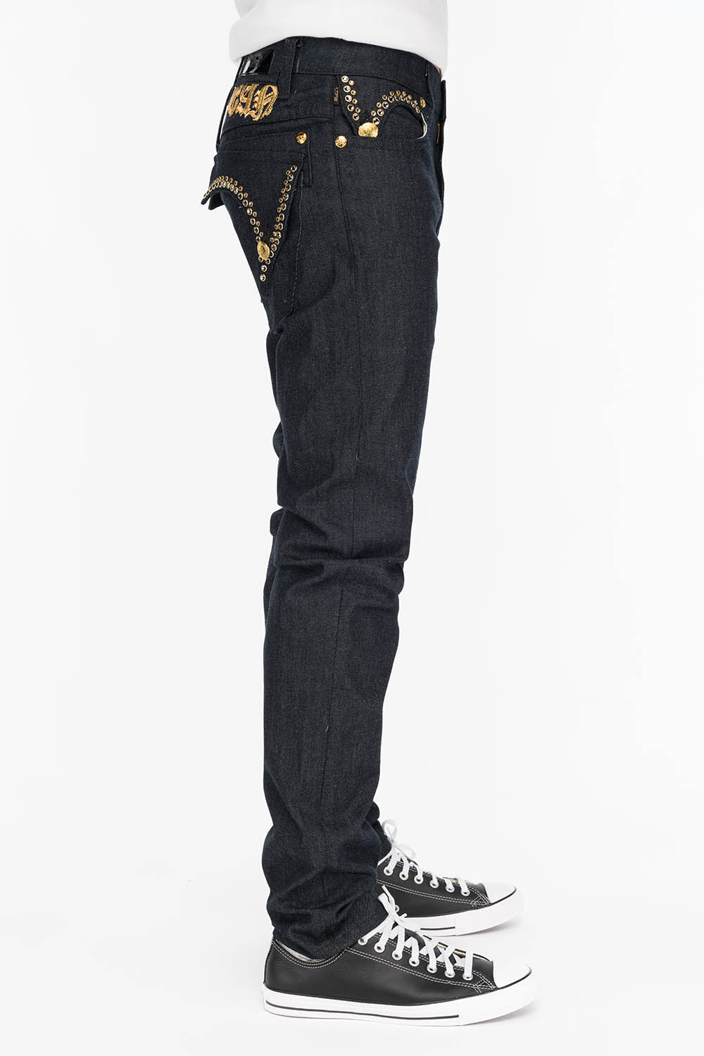 MENS RAW DENIM SLIM FIT KILLER FLAP JEANS WITH O.E. SCRIPT AND CRYSTALS