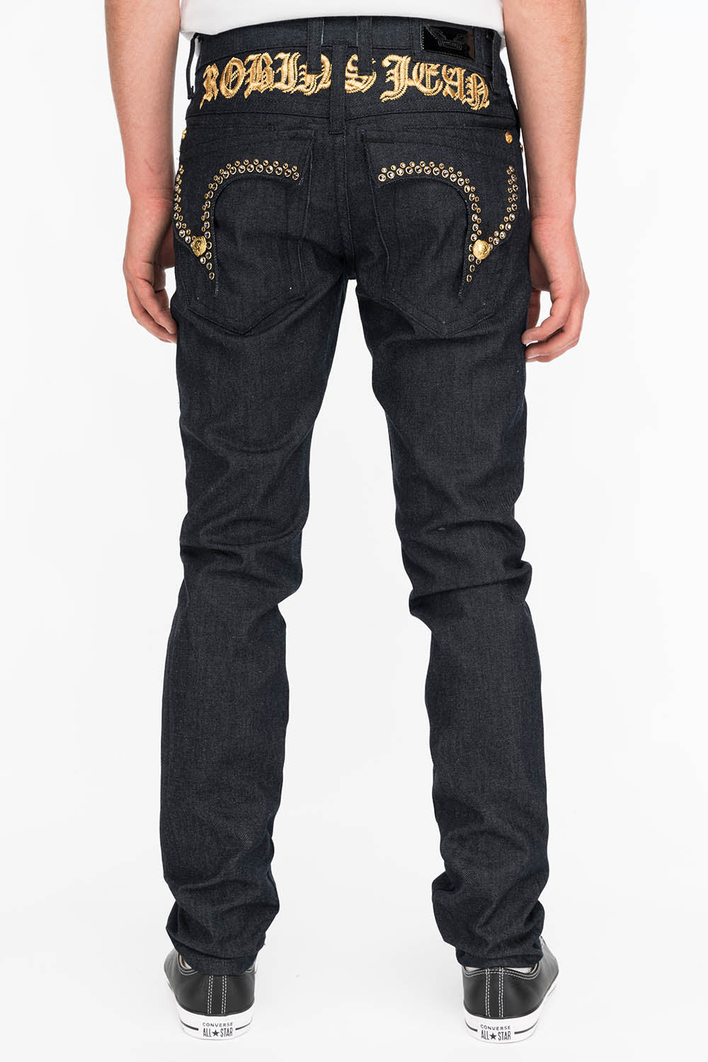 MENS RAW DENIM SLIM FIT KILLER FLAP JEANS WITH O.E. SCRIPT AND CRYSTALS