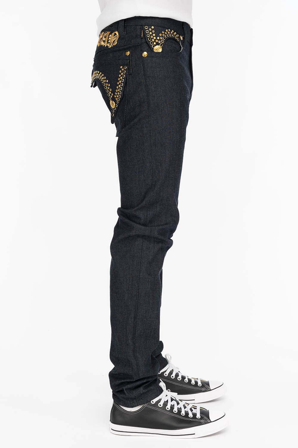 MENS RAW DENIM SLIM FIT KILLER FLAP JEANS WITH GOLD O.E. SCRIPT AND CRYSTALS