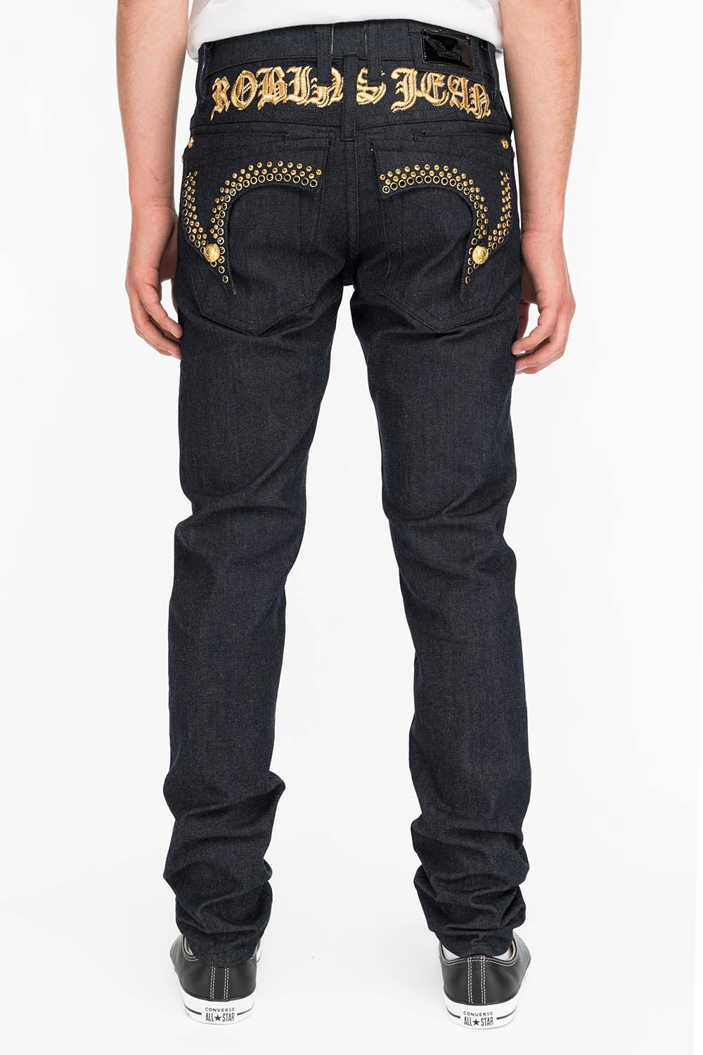 MENS RAW DENIM SLIM FIT KILLER FLAP JEANS WITH GOLD O.E. SCRIPT AND CRYSTALS