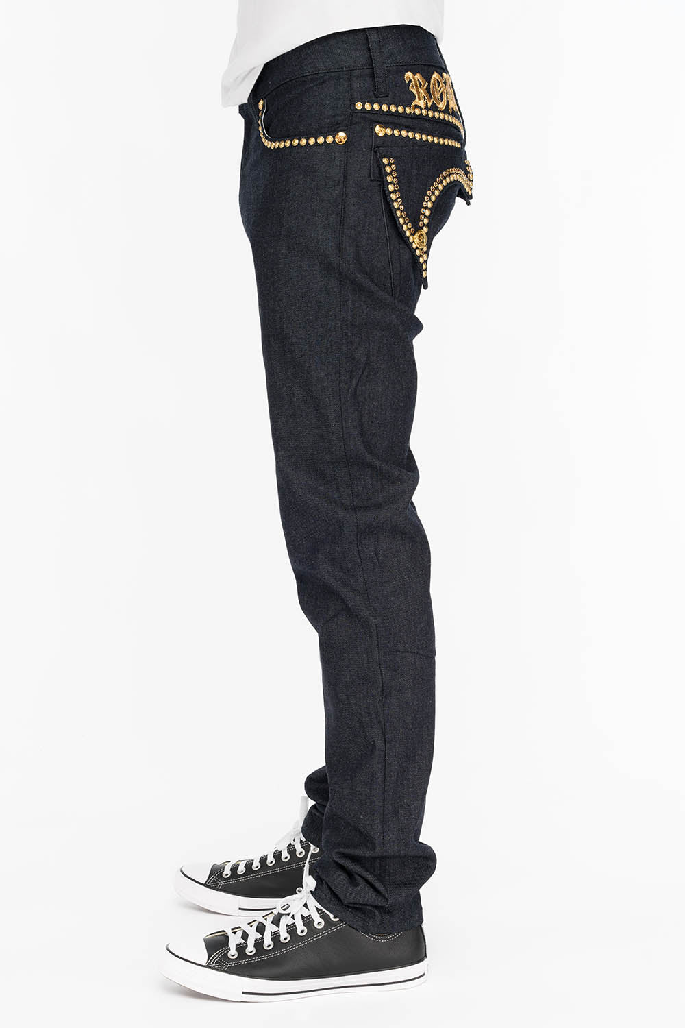 MENS RAW DENIM SLIM FIT KILLER FLAP JEANS WITH O.E. SCRIPT STUDS AND CRYSTALS