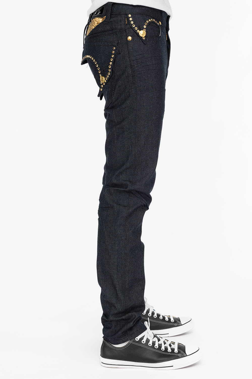 MENS RAW DENIM SLIM FIT KILLER FLAP JEANS WITH GOLD WINGS AND CRYSTALS