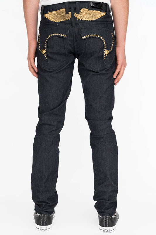 MENS RAW DENIM SLIM FIT KILLER FLAP JEANS WITH GOLD WINGS AND CRYSTALS