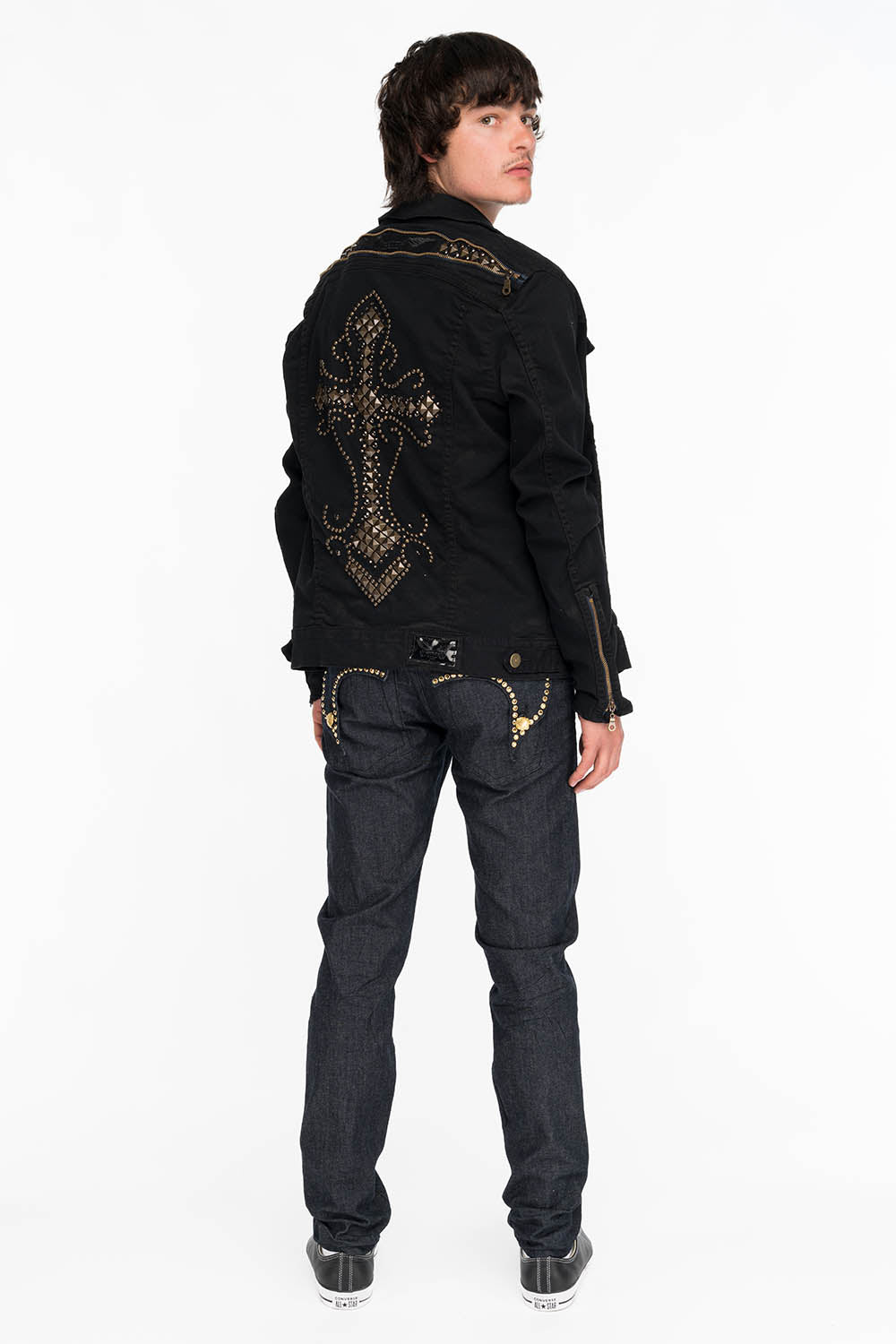 MENS RAW DENIM SLIM FIT KILLER FLAP JEANS WITH GOLD WINGS AND CRYSTALS