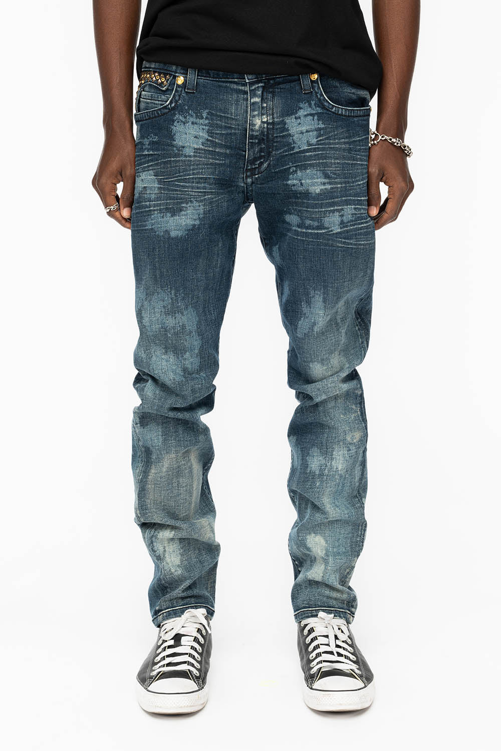 KILLER FLAP MENS SKINNY JEANS IN NEW JAPAN MEDIUM WASH WITH ANTIQUE BRASS PYRAMID STUDS AND AURUM CRYSTALS