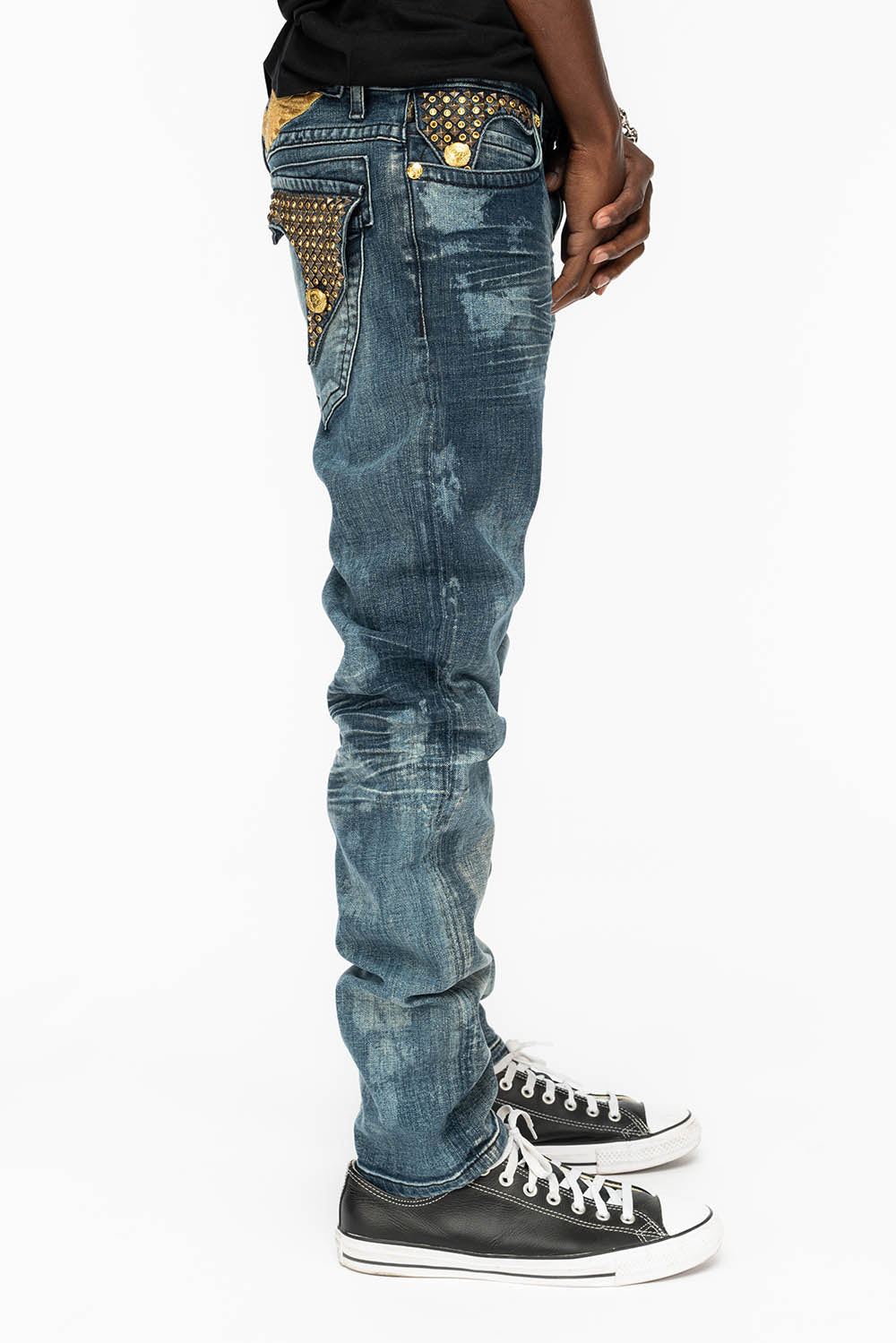 KILLER FLAP MENS SKINNY JEANS IN NEW JAPAN MEDIUM WASH WITH ANTIQUE BRASS PYRAMID STUDS AND AURUM CRYSTALS