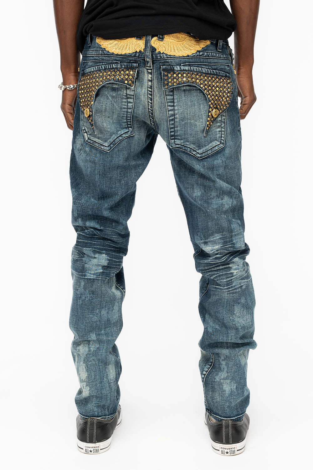 KILLER FLAP MENS SKINNY JEANS IN NEW JAPAN MEDIUM WASH WITH ANTIQUE BRASS PYRAMID STUDS AND AURUM CRYSTALS