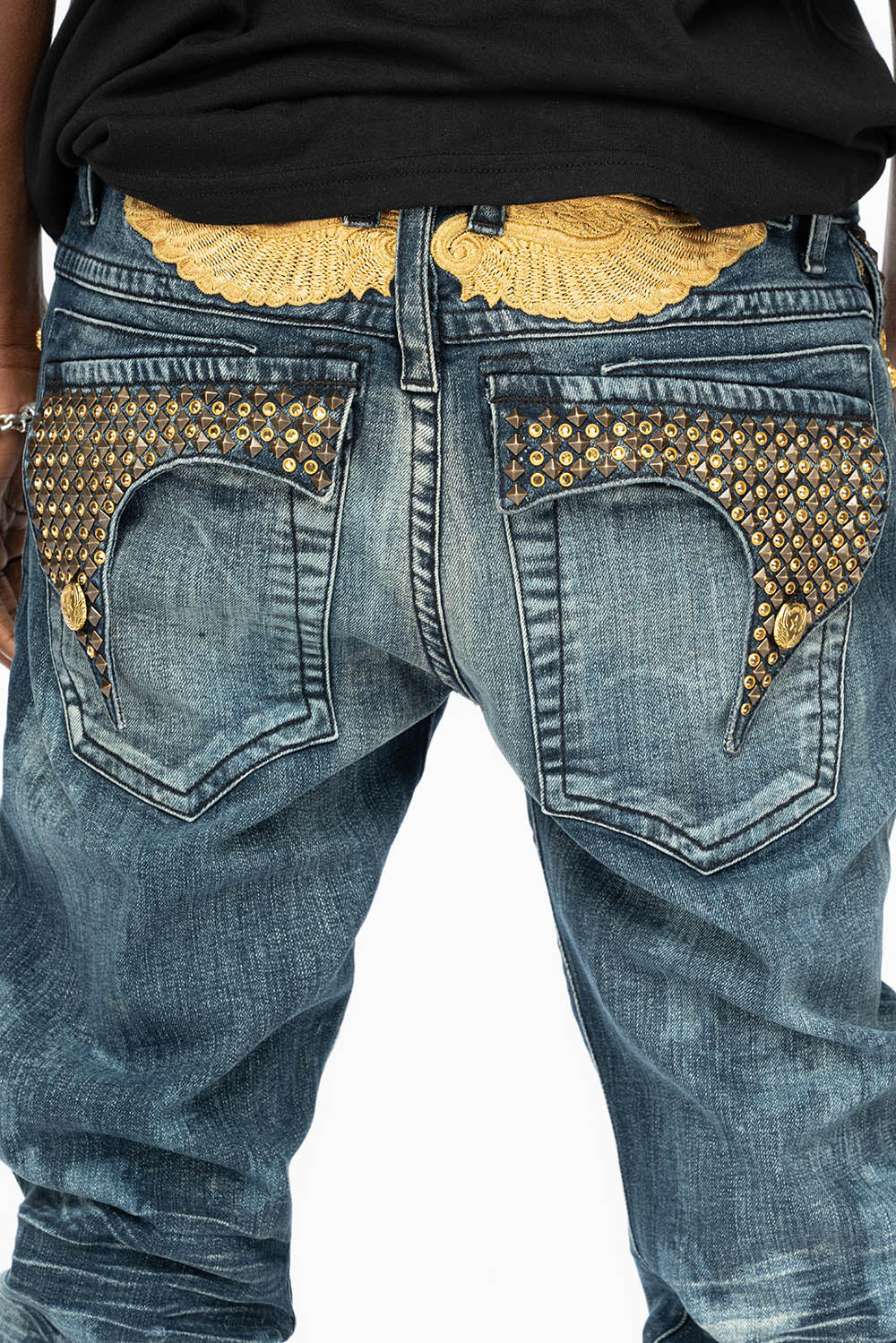 KILLER FLAP MENS SKINNY JEANS IN NEW JAPAN MEDIUM WASH WITH ANTIQUE BRASS PYRAMID STUDS AND AURUM CRYSTALS