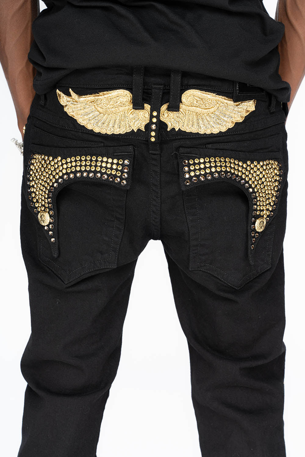 KILLER FLAP MENS SKINNY JEANS IN PURE BLACK WITH GOLD WINGS AND FULL CRYSTAL