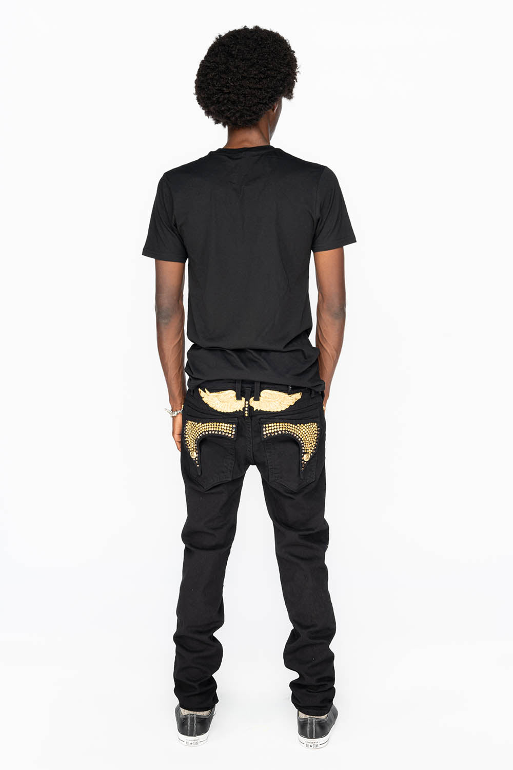 KILLER FLAP MENS SKINNY JEANS IN PURE BLACK WITH GOLD WINGS AND FULL CRYSTAL