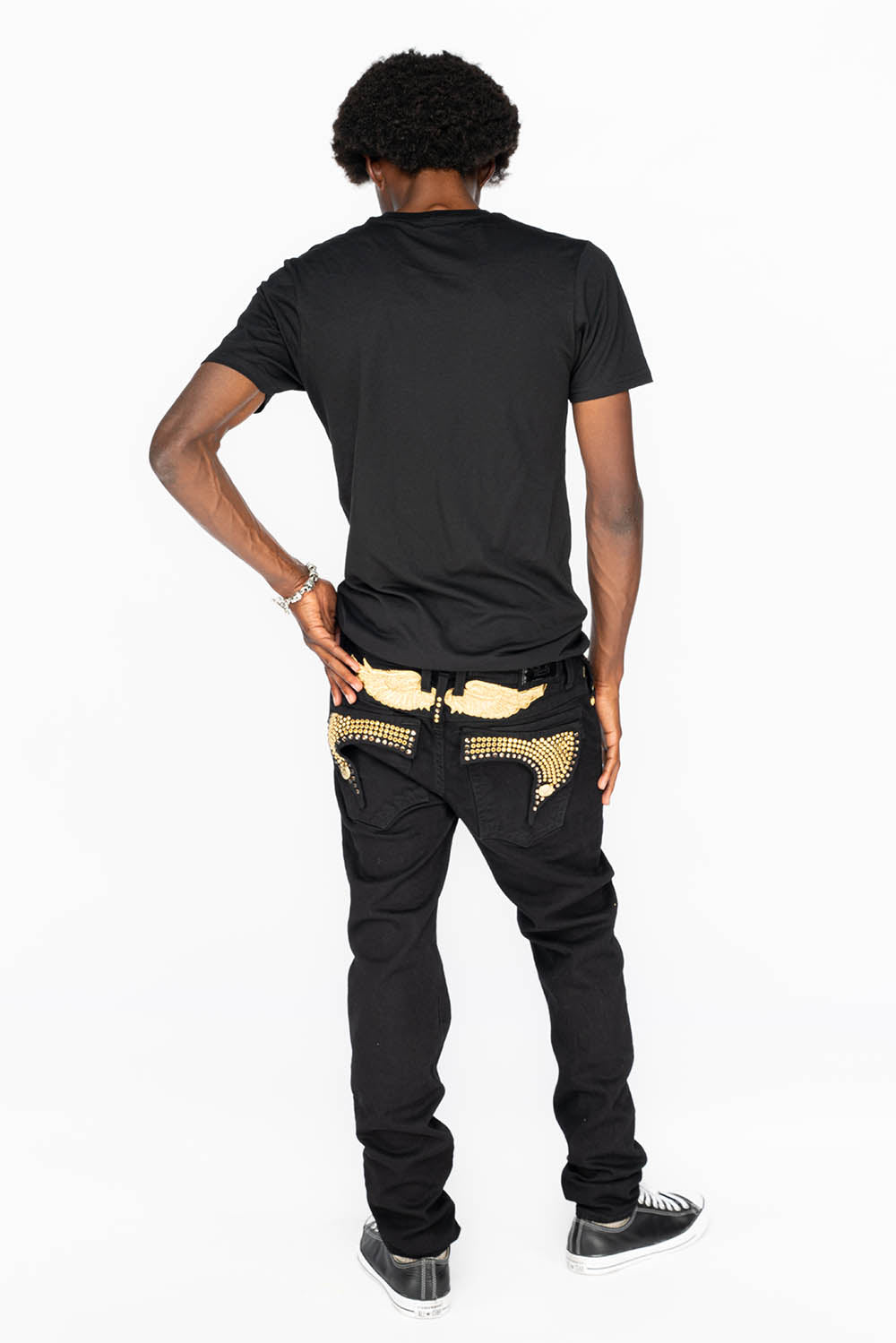 KILLER FLAP MENS SKINNY JEANS IN PURE BLACK WITH GOLD WINGS AND FULL CRYSTAL