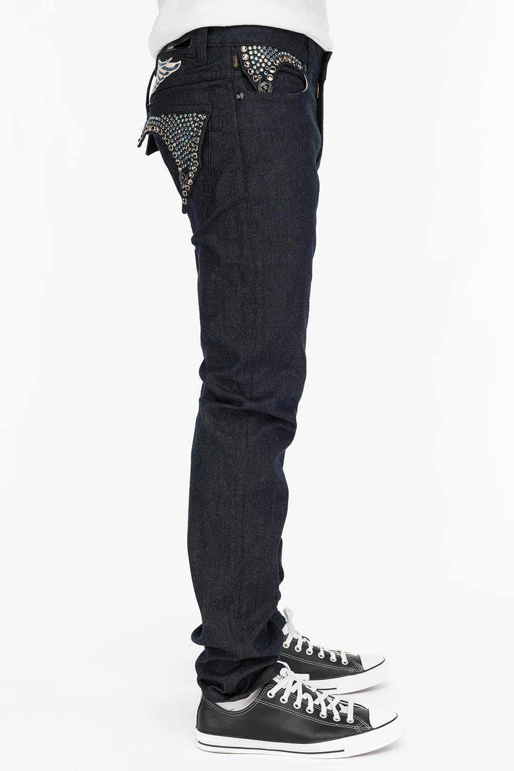 MENS RAW DENIM SLIM FIT KILLER FLAP JEANS WITH TWO TONE EMBROIDERED WINGS AND CRYSTALS