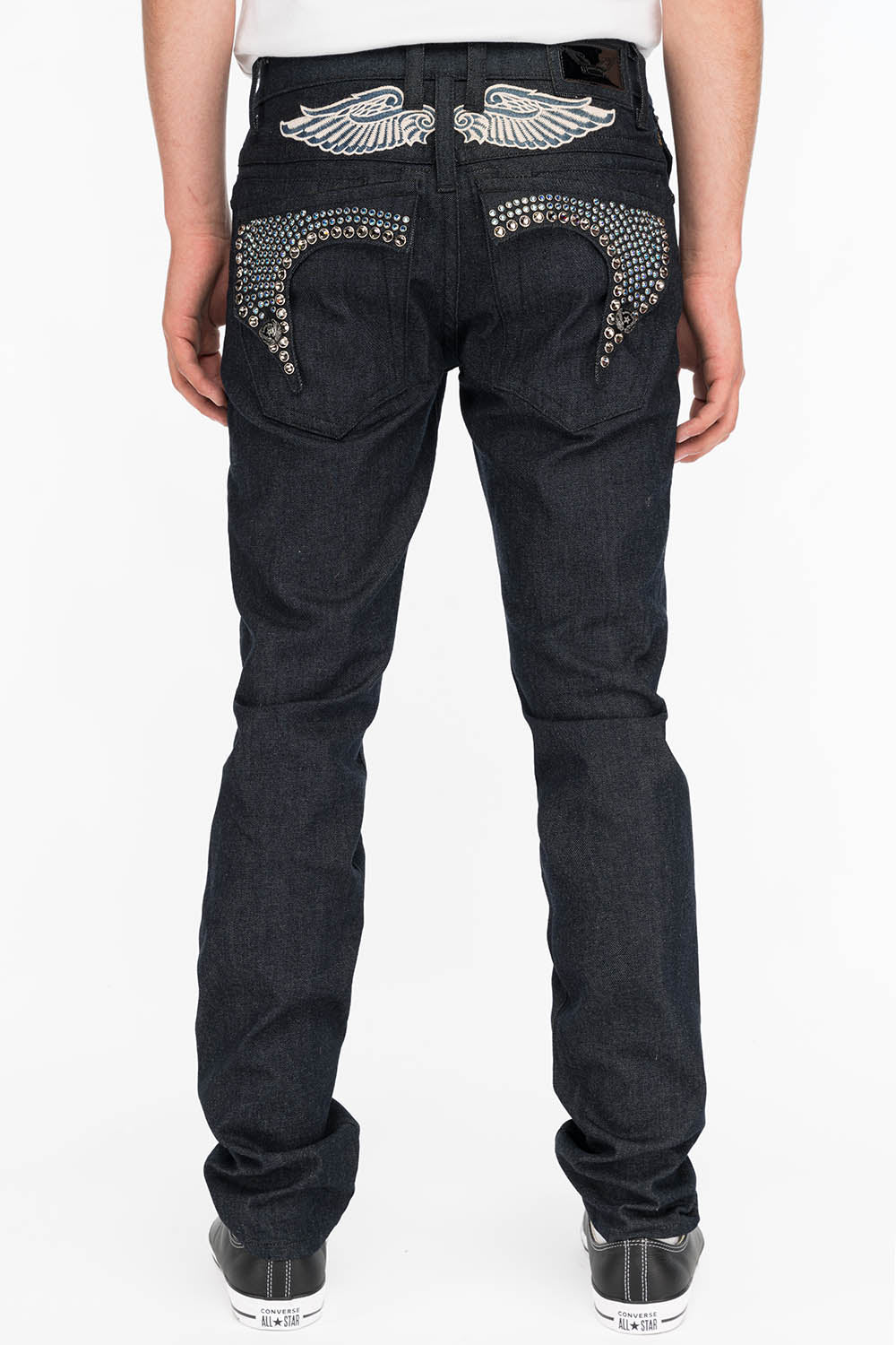 MENS RAW DENIM SLIM FIT KILLER FLAP JEANS WITH TWO TONE EMBROIDERED WINGS AND CRYSTALS