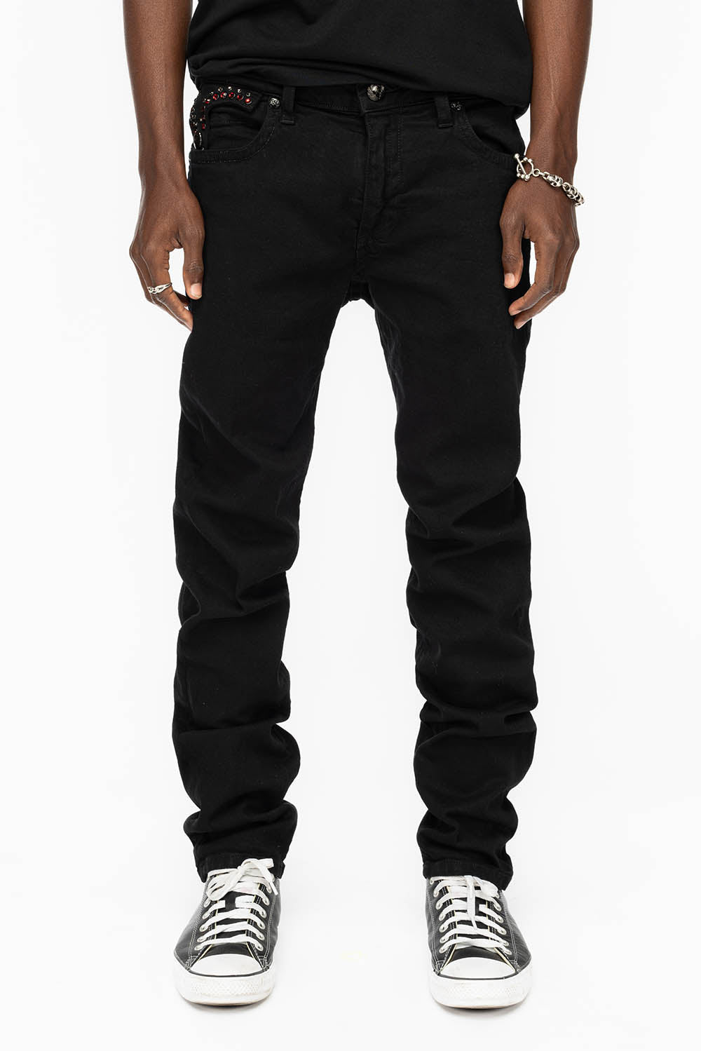 KILLER FLAP MENS SKINNY JEANS IN BLACK COLOR WASH  WITH RED AND JET BLACK CRYSTALS