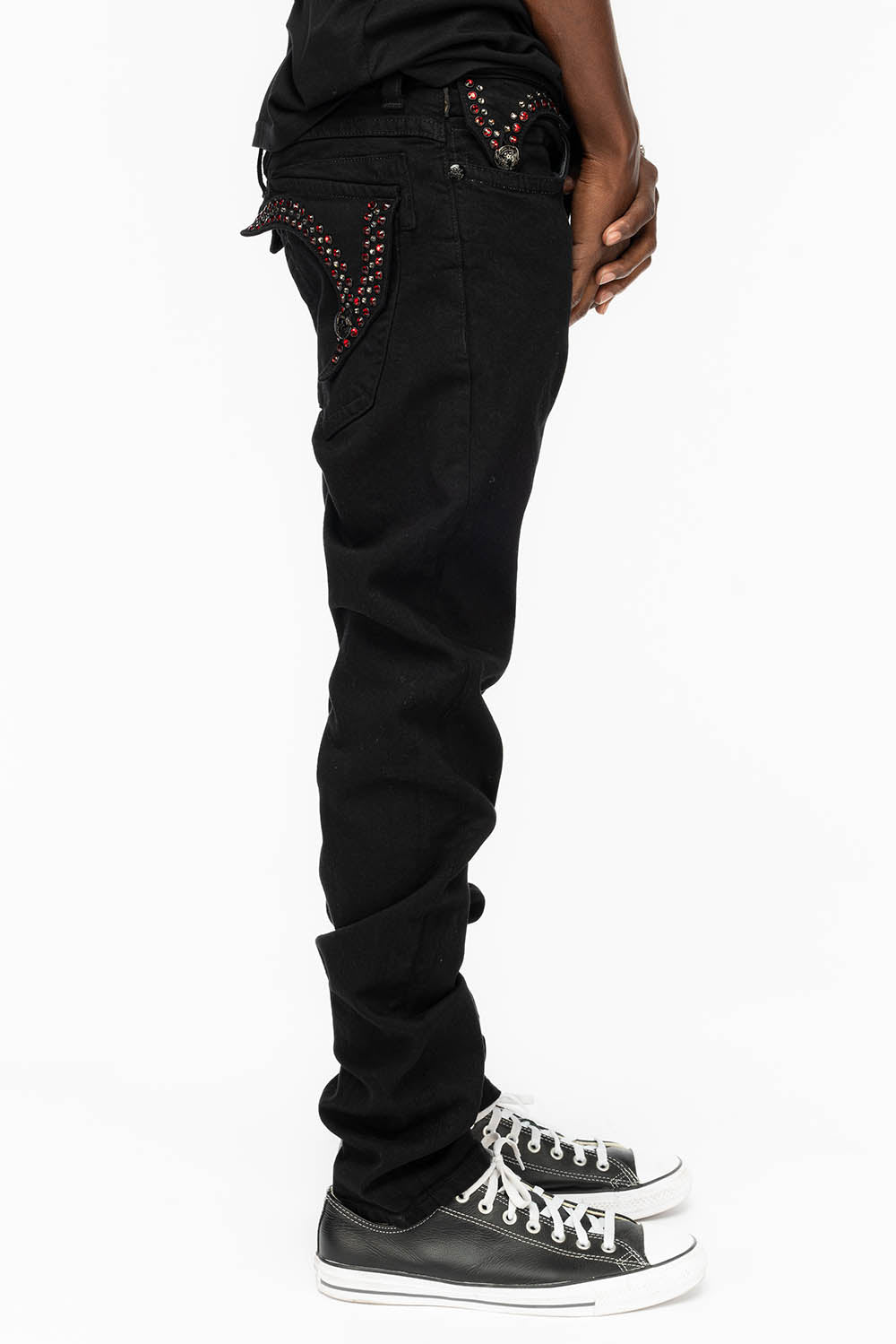 KILLER FLAP MENS SKINNY JEANS IN BLACK COLOR WASH  WITH RED AND JET BLACK CRYSTALS