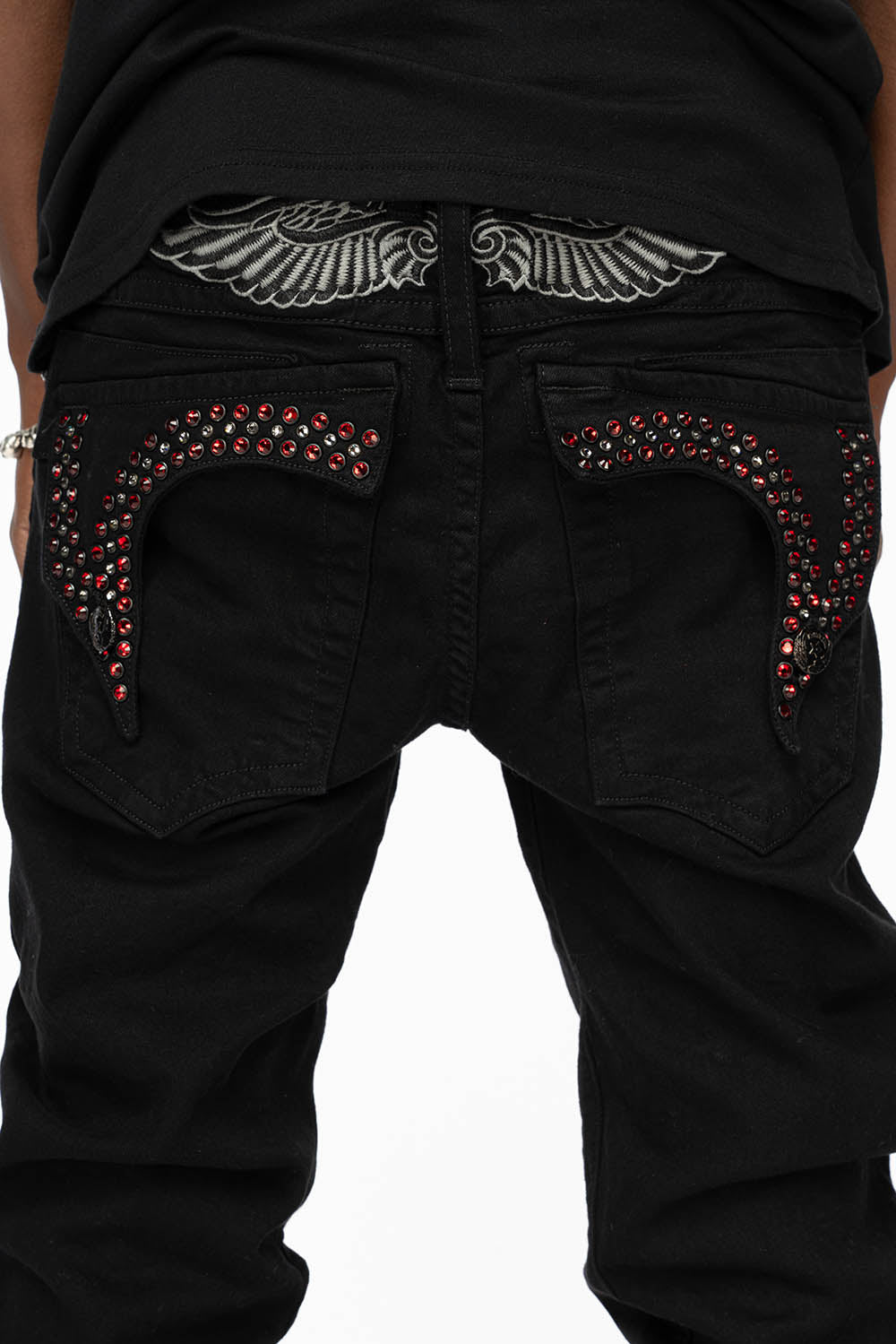 KILLER FLAP MENS SKINNY JEANS IN BLACK COLOR WASH  WITH RED AND JET BLACK CRYSTALS