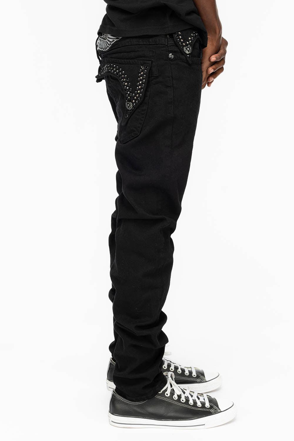 KILLER FLAP MENS SKINNY JEANS IN BLACK COLOR WASH  WITH BLACK DIAMOND AND JET BLACK CRYSTALS