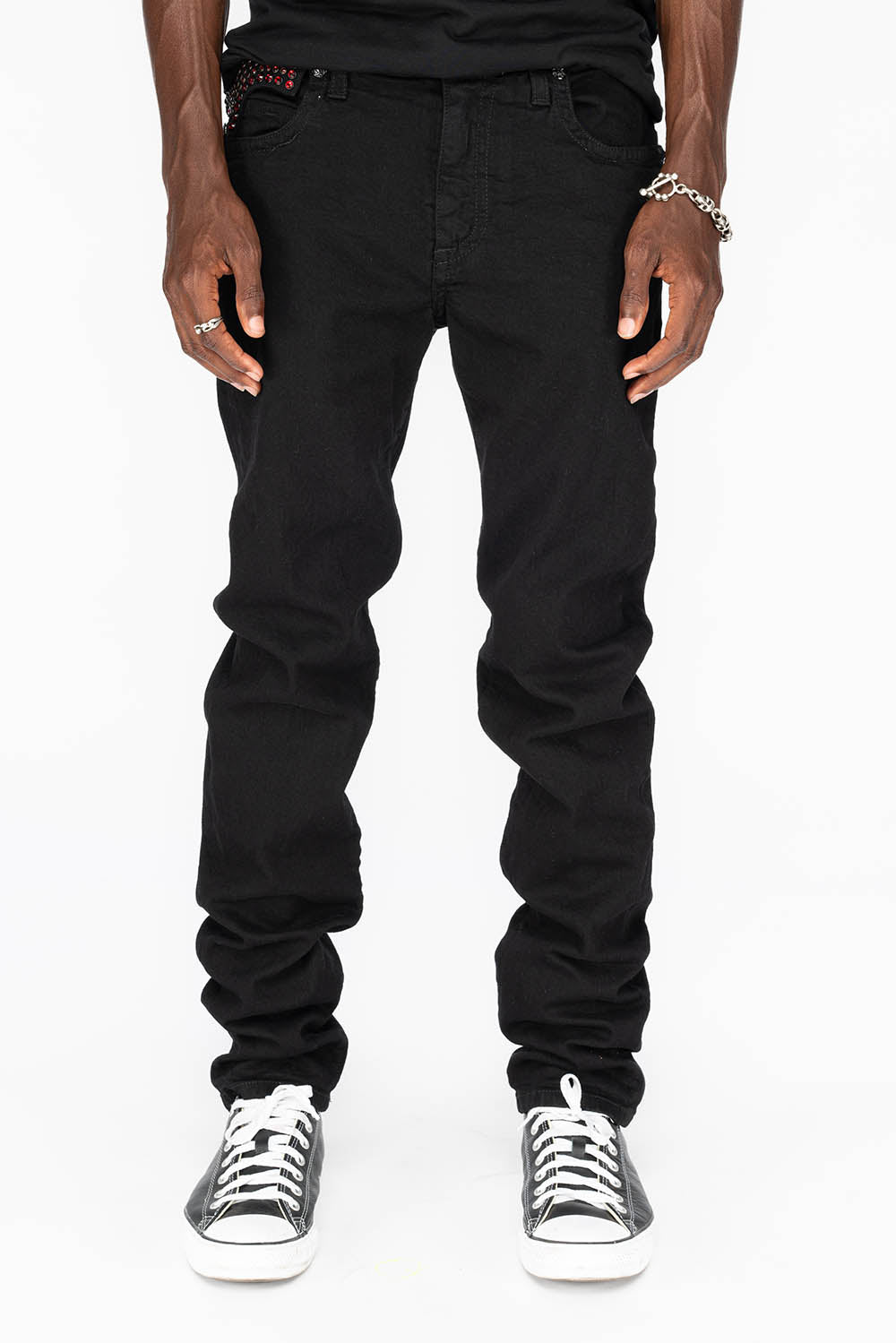 KILLER FLAP MENS SKINNY JEANS IN PURE BLACK WITH BLK TONAL WINGS AND FULL RED CRYSTALS