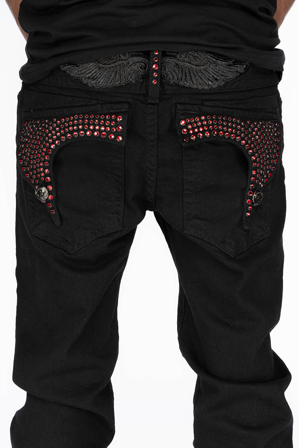 KILLER FLAP MENS SKINNY JEANS IN PURE BLACK WITH BLK TONAL WINGS AND FULL RED CRYSTALS