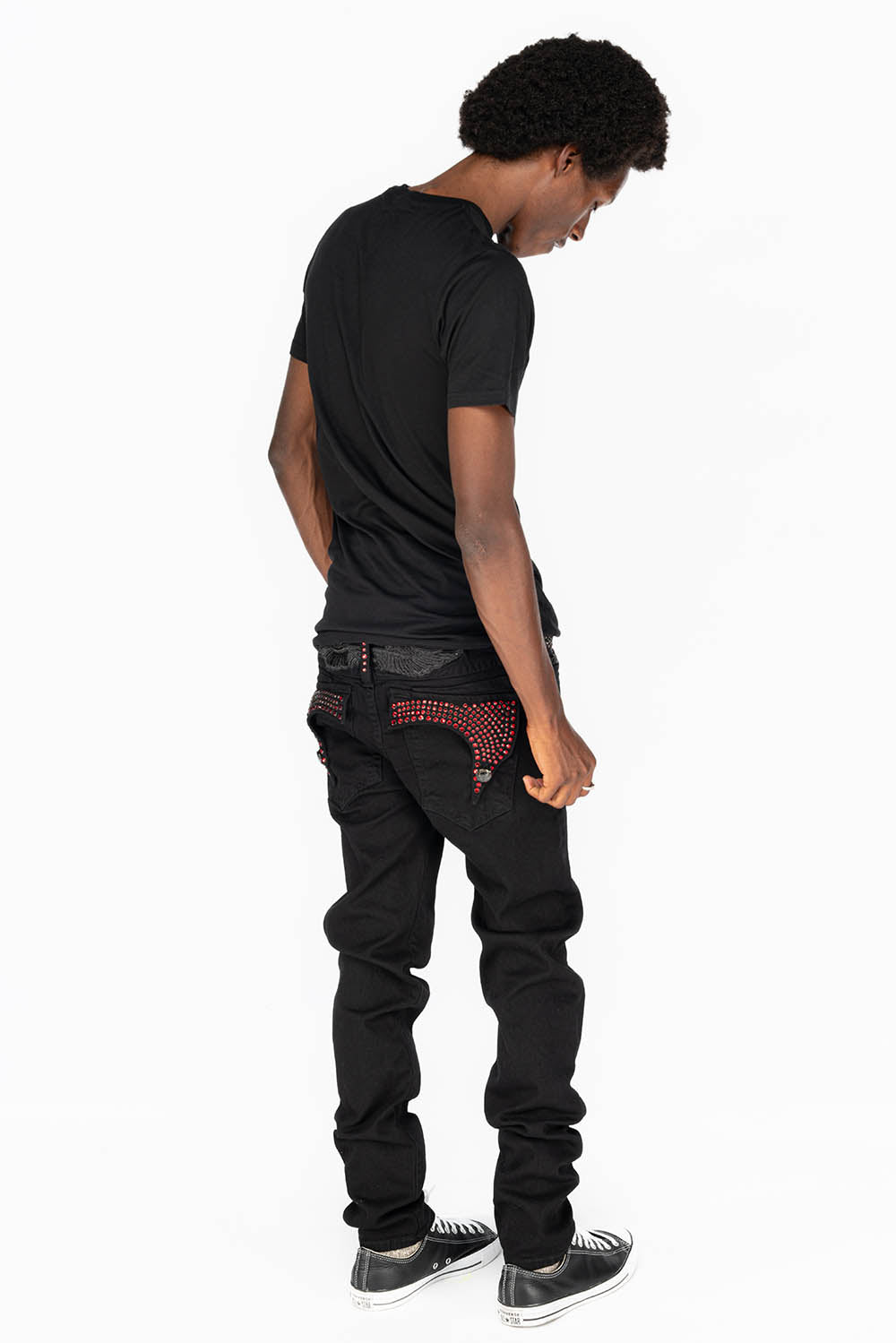 KILLER FLAP MENS SKINNY JEANS IN PURE BLACK WITH BLK TONAL WINGS AND FULL RED CRYSTALS