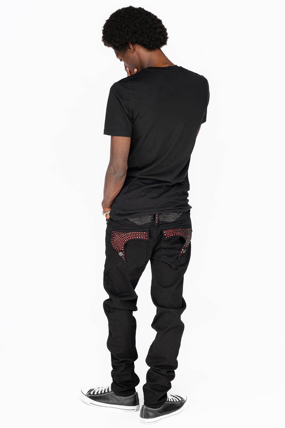 KILLER FLAP MENS SKINNY JEANS IN PURE BLACK WITH BLK TONAL WINGS AND FULL RED CRYSTALS