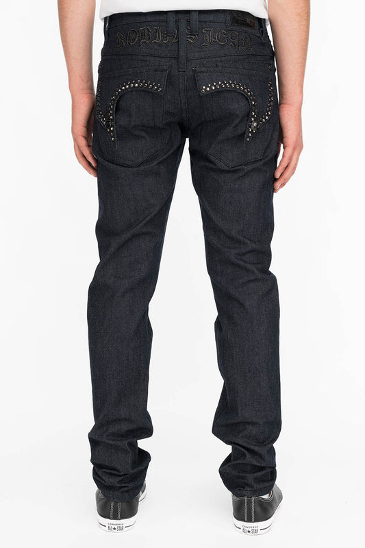 MENS RAW DENIM SLIM FIT KILLER FLAP JEANS WITH O.E. BLACK SCRIPT EMBROIDERY AND CRYSTALS