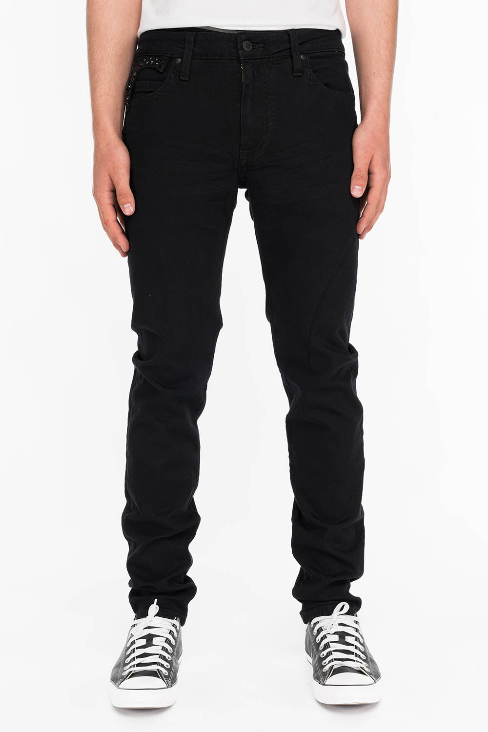 KILLER FLAP MENS SKINNY JEANS IN BLACK ON BLACK WITH CRYSTALS