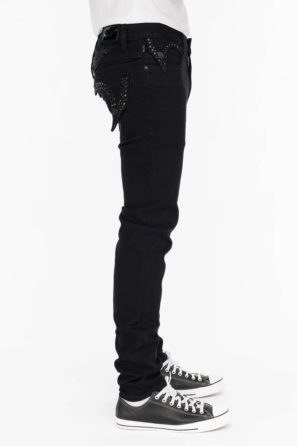 KILLER FLAP MENS SKINNY JEANS IN BLACK ON BLACK WITH CRYSTALS