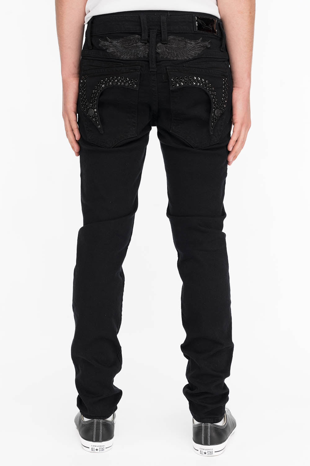 KILLER FLAP MENS SKINNY JEANS IN BLACK ON BLACK WITH CRYSTALS