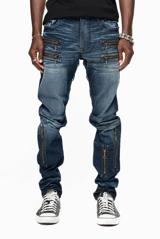 NEW BIKER IN BLUE STONE WASH WITH GOLD EMBROIDERED O.E SCRIPT