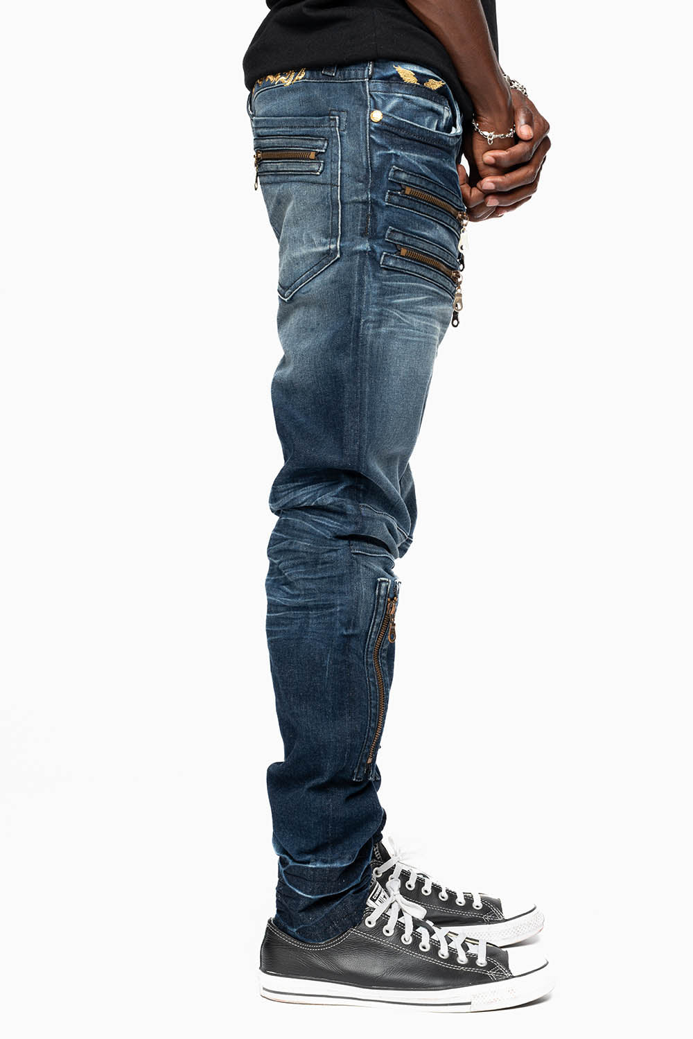 NEW BIKER IN BLUE STONE WASH WITH GOLD EMBROIDERED O.E SCRIPT
