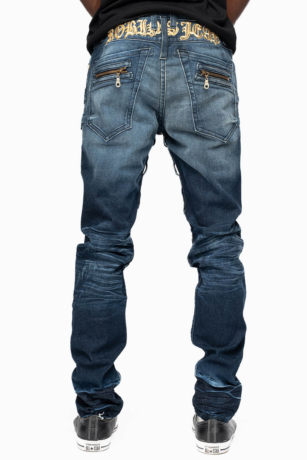 NEW BIKER IN BLUE STONE WASH WITH GOLD EMBROIDERED O.E SCRIPT