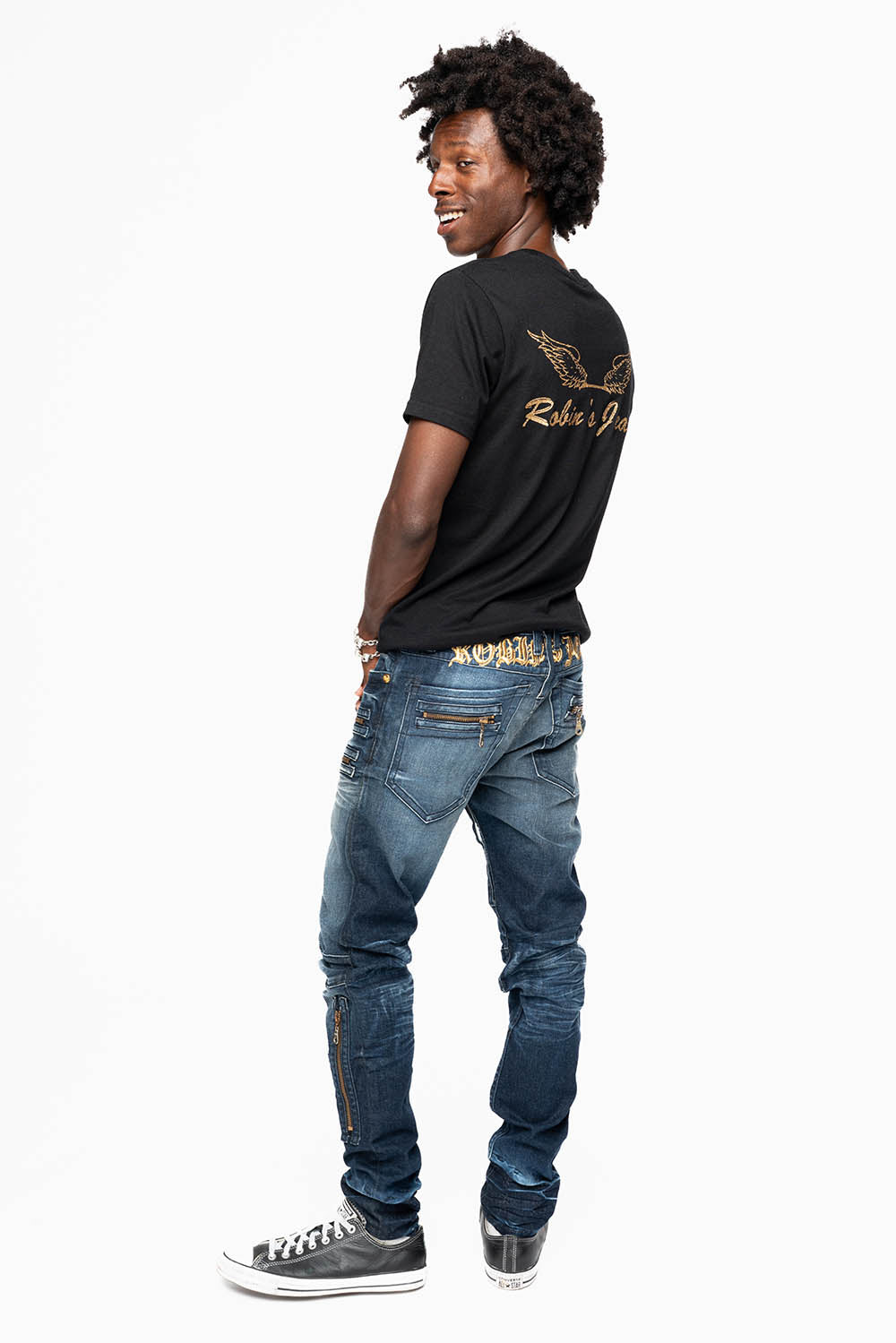 NEW BIKER IN BLUE STONE WASH WITH GOLD EMBROIDERED O.E SCRIPT