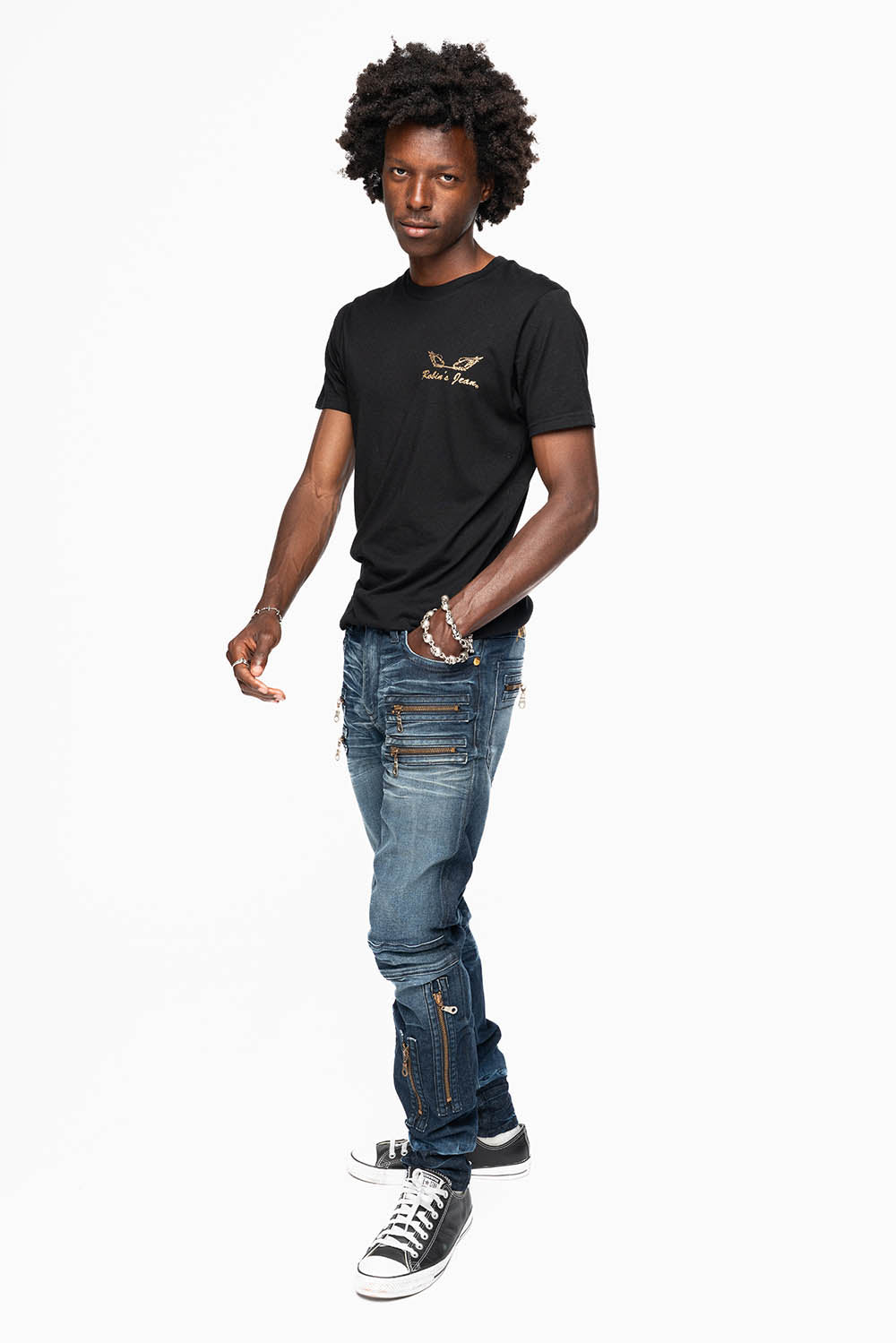 NEW BIKER IN BLUE STONE WASH WITH GOLD EMBROIDERED O.E SCRIPT