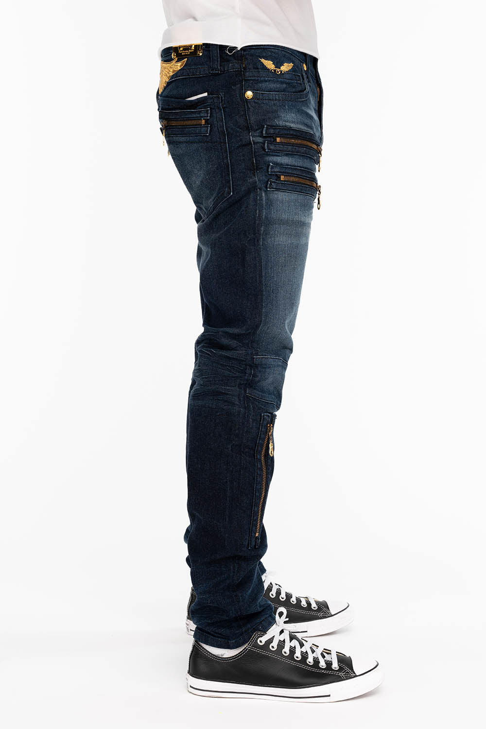 MENS NEW BIKER SKINNY JEANS IN LIBERTY DARK BLUE WITH GOLD WINGS