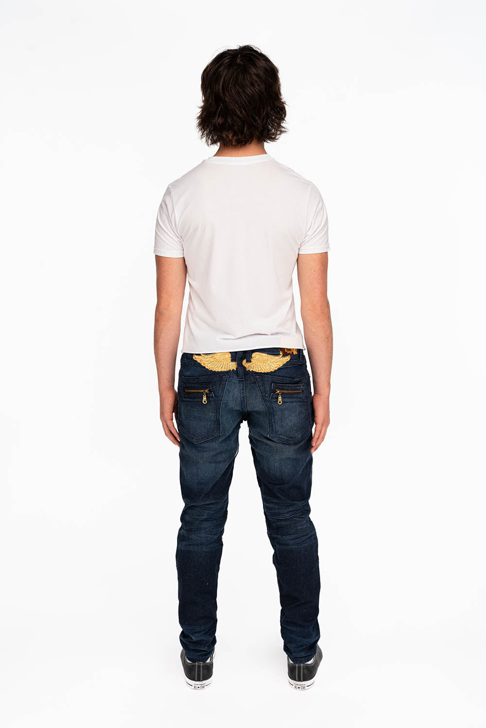 MENS NEW BIKER SKINNY JEANS IN LIBERTY DARK BLUE WITH GOLD WINGS