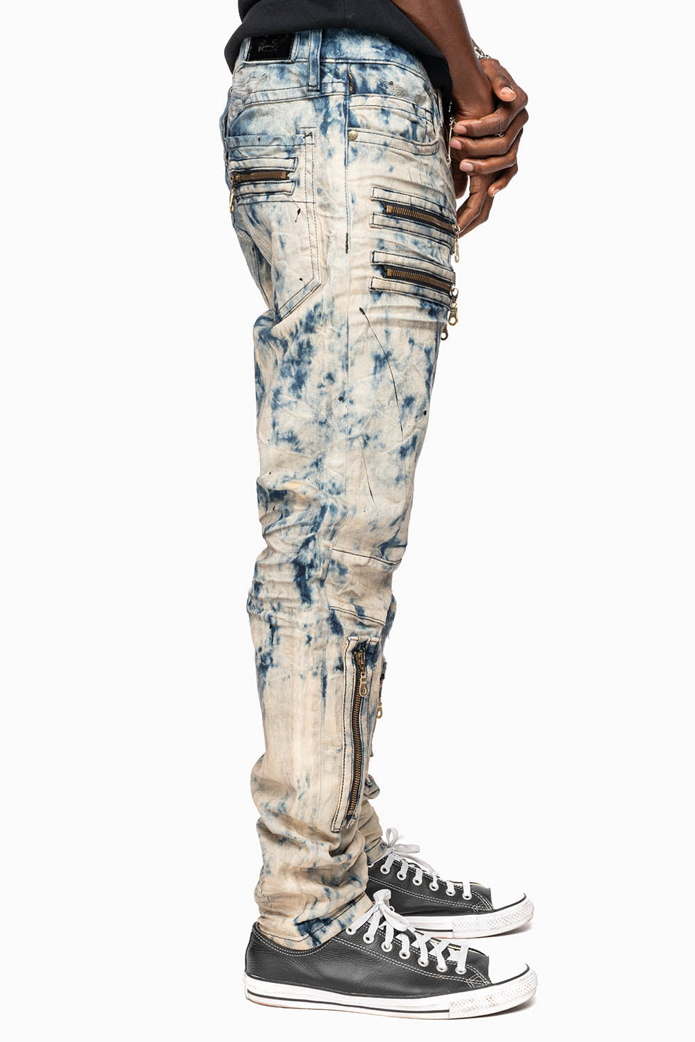 MENS NEW BIKER SKINNY JEANS IN FROZEN WASH WITH TONAL WINGS