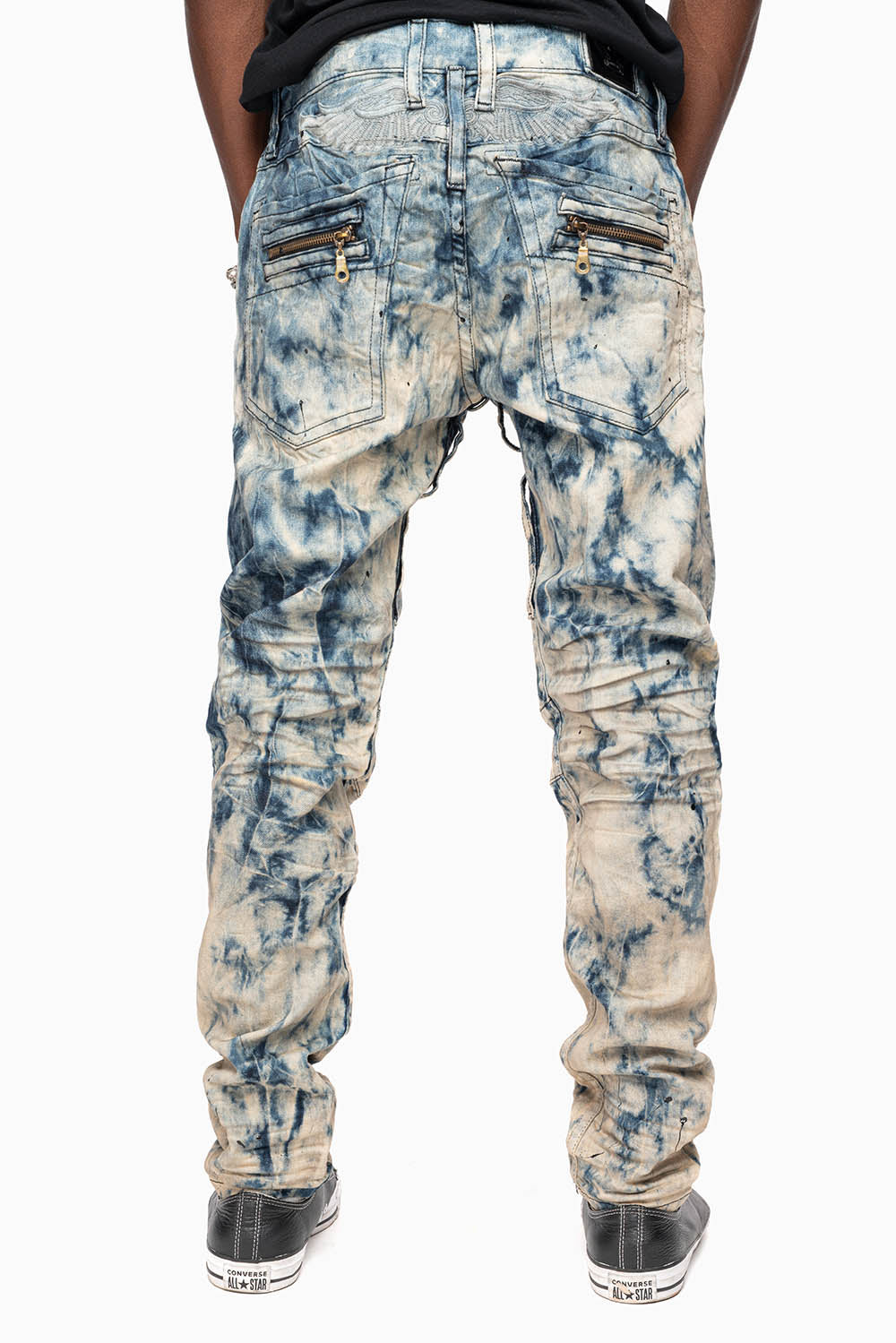 MENS NEW BIKER SKINNY JEANS IN FROZEN WASH WITH TONAL WINGS