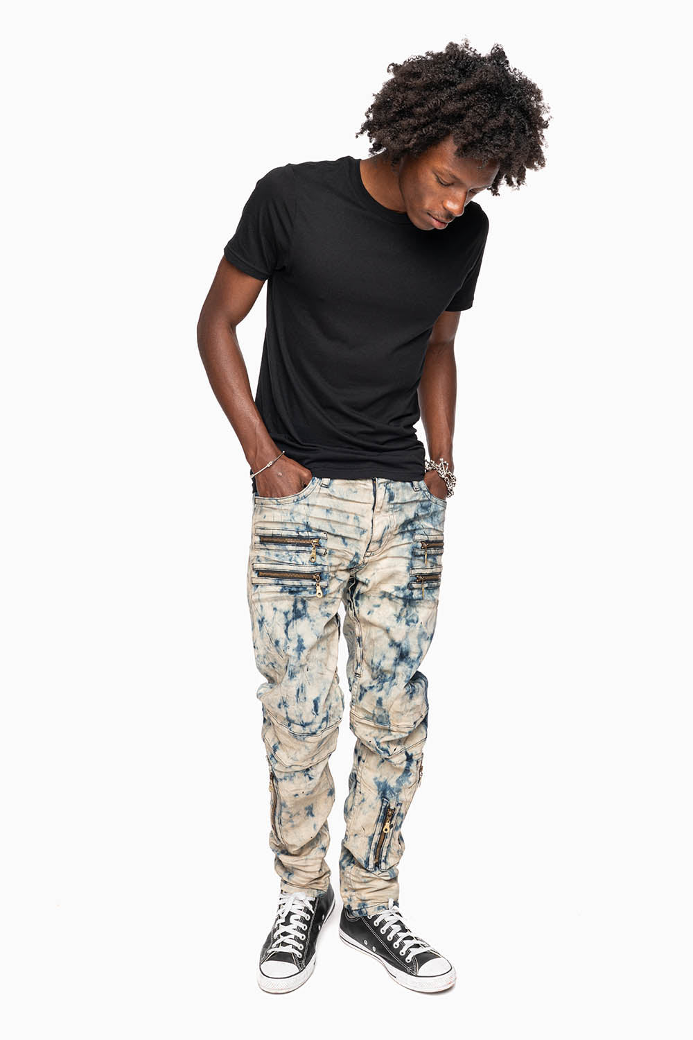 MENS NEW BIKER SKINNY JEANS IN FROZEN WASH WITH TONAL WINGS