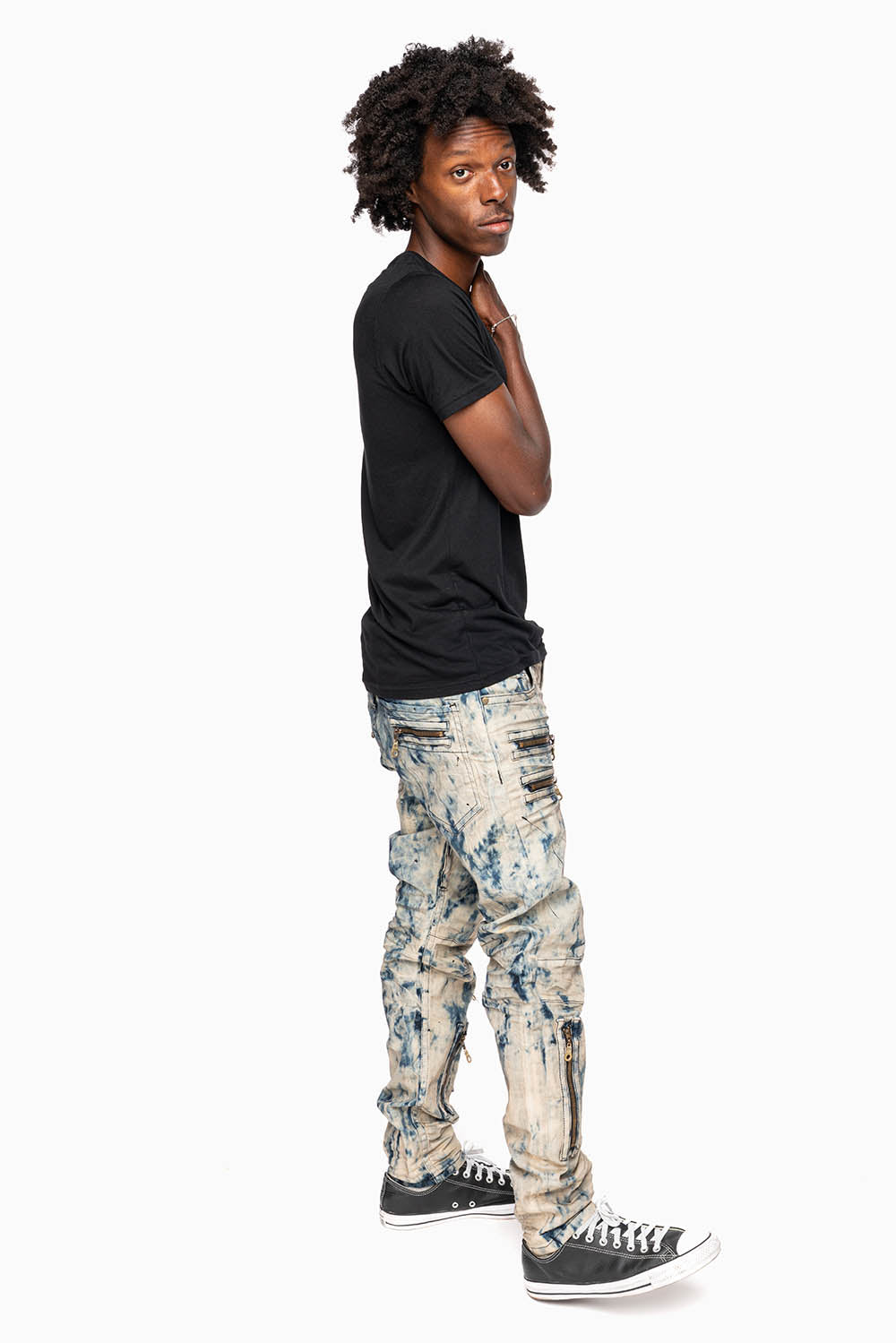 MENS NEW BIKER SKINNY JEANS IN FROZEN WASH WITH TONAL WINGS