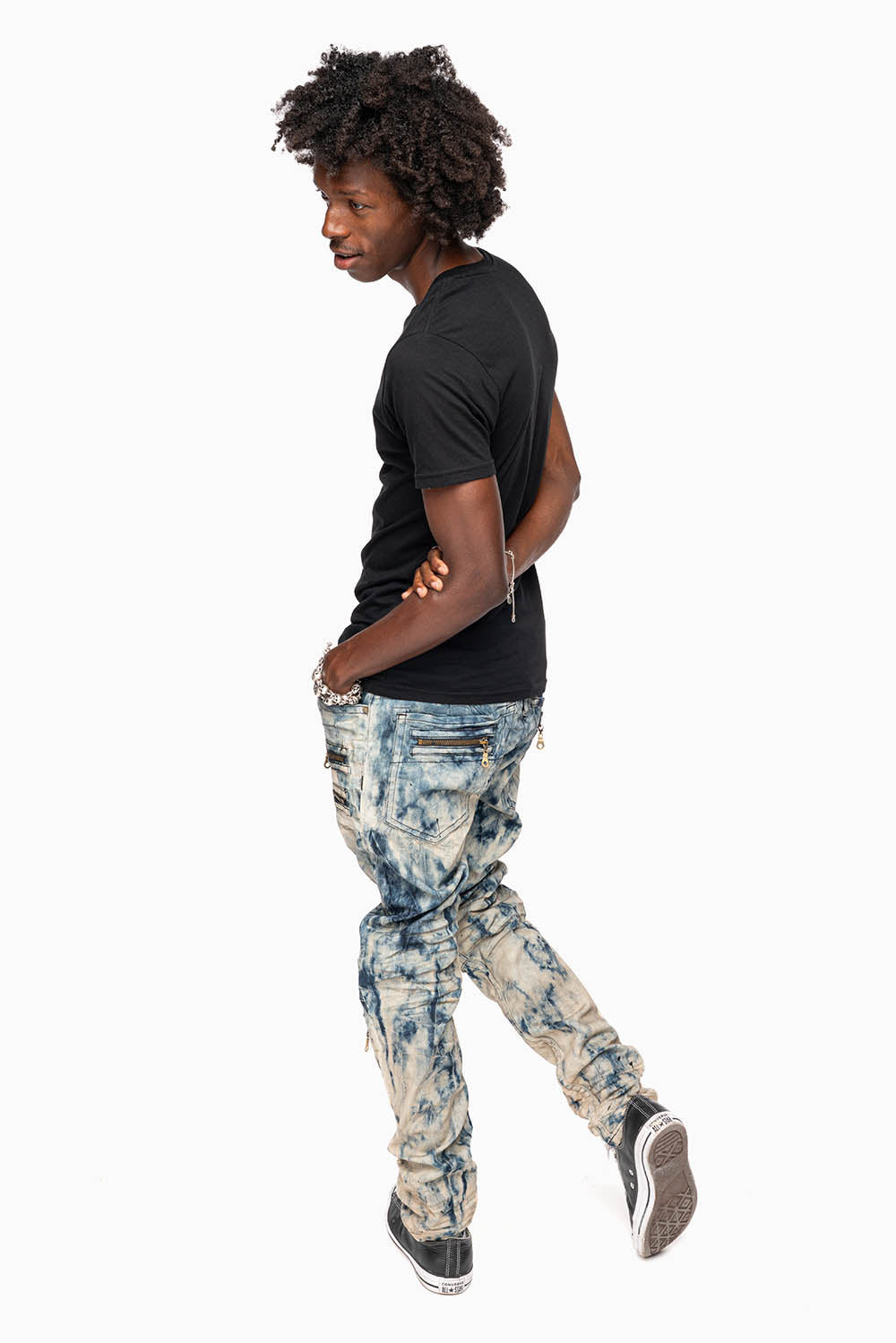 MENS NEW BIKER SKINNY JEANS IN FROZEN WASH WITH TONAL WINGS