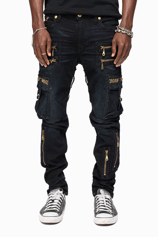 MEN’S  MILITARY STYLE CARGO MOTO- ZIP JEANS IN PURE BLACK EMBELLISHED WITH CRYSTALS