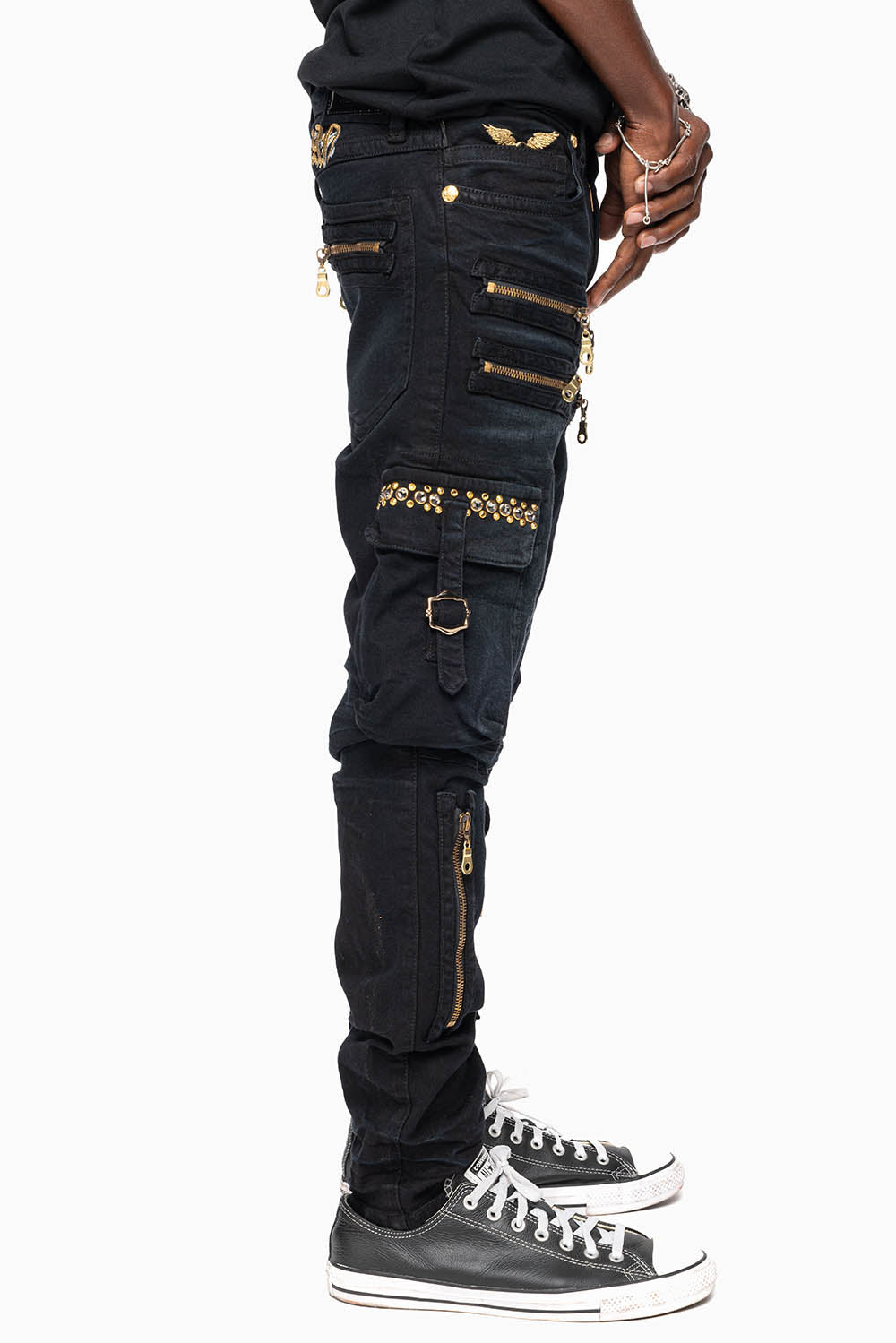 MEN’S  MILITARY STYLE CARGO MOTO- ZIP JEANS IN PURE BLACK EMBELLISHED WITH CRYSTALS