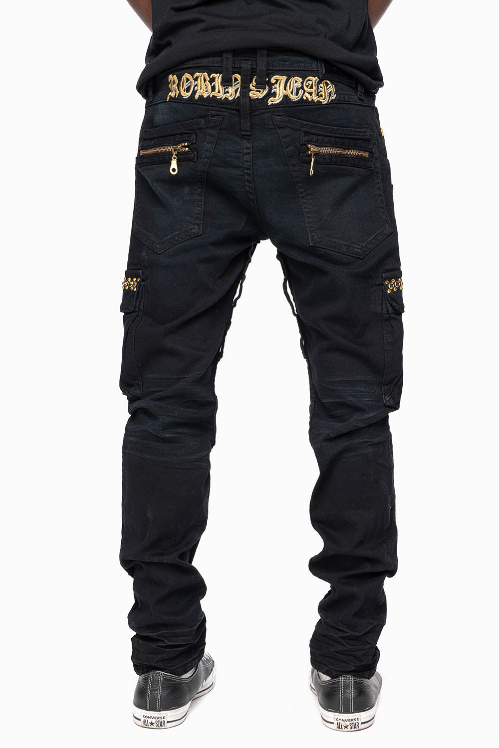 MEN’S  MILITARY STYLE CARGO MOTO- ZIP JEANS IN PURE BLACK EMBELLISHED WITH CRYSTALS