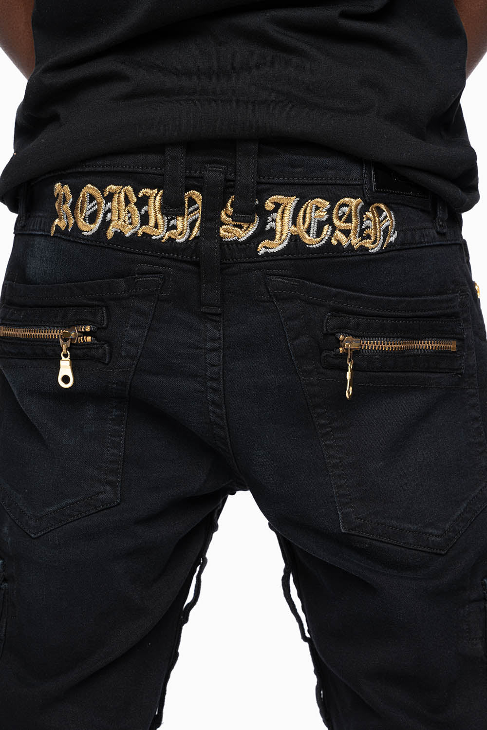MEN’S  MILITARY STYLE CARGO MOTO- ZIP JEANS IN PURE BLACK EMBELLISHED WITH CRYSTALS