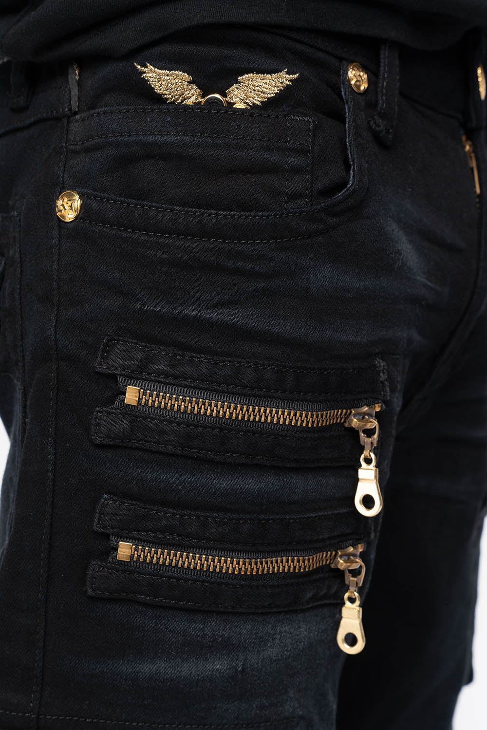 MEN’S  MILITARY STYLE CARGO MOTO- ZIP JEANS IN PURE BLACK EMBELLISHED WITH CRYSTALS