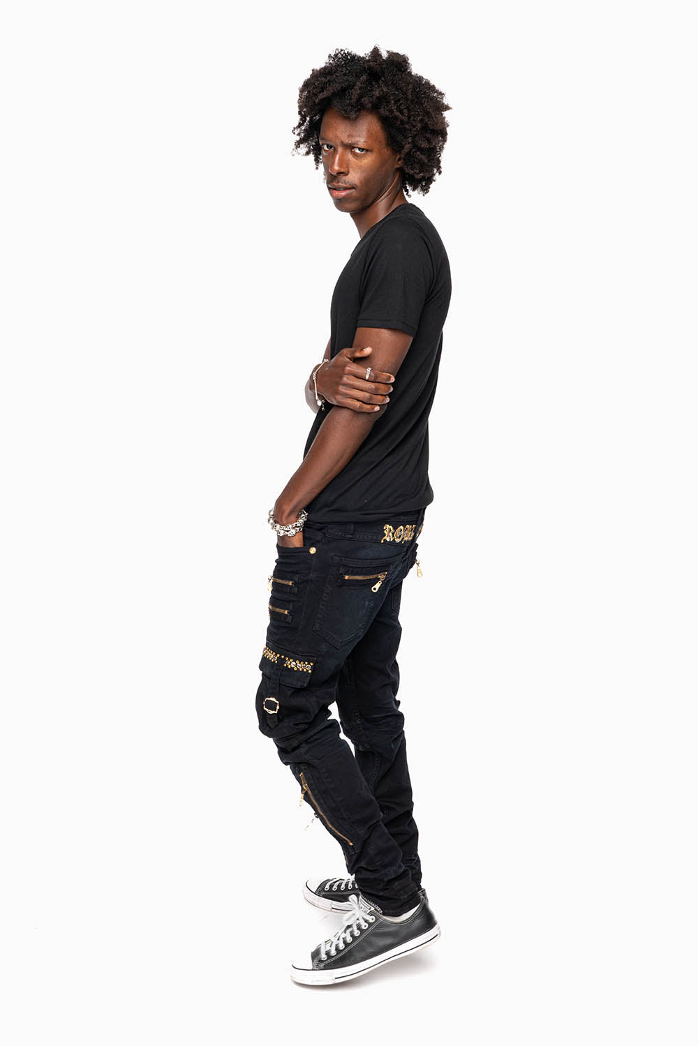 MEN’S  MILITARY STYLE CARGO MOTO- ZIP JEANS IN PURE BLACK EMBELLISHED WITH CRYSTALS