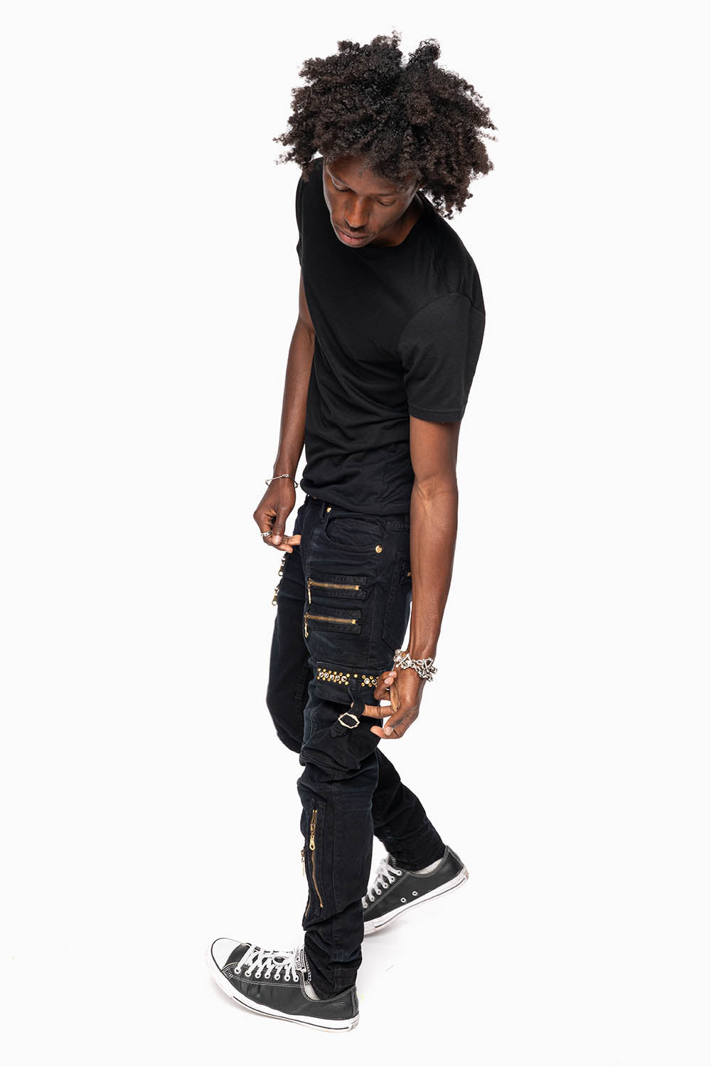 MEN’S  MILITARY STYLE CARGO MOTO- ZIP JEANS IN PURE BLACK EMBELLISHED WITH CRYSTALS