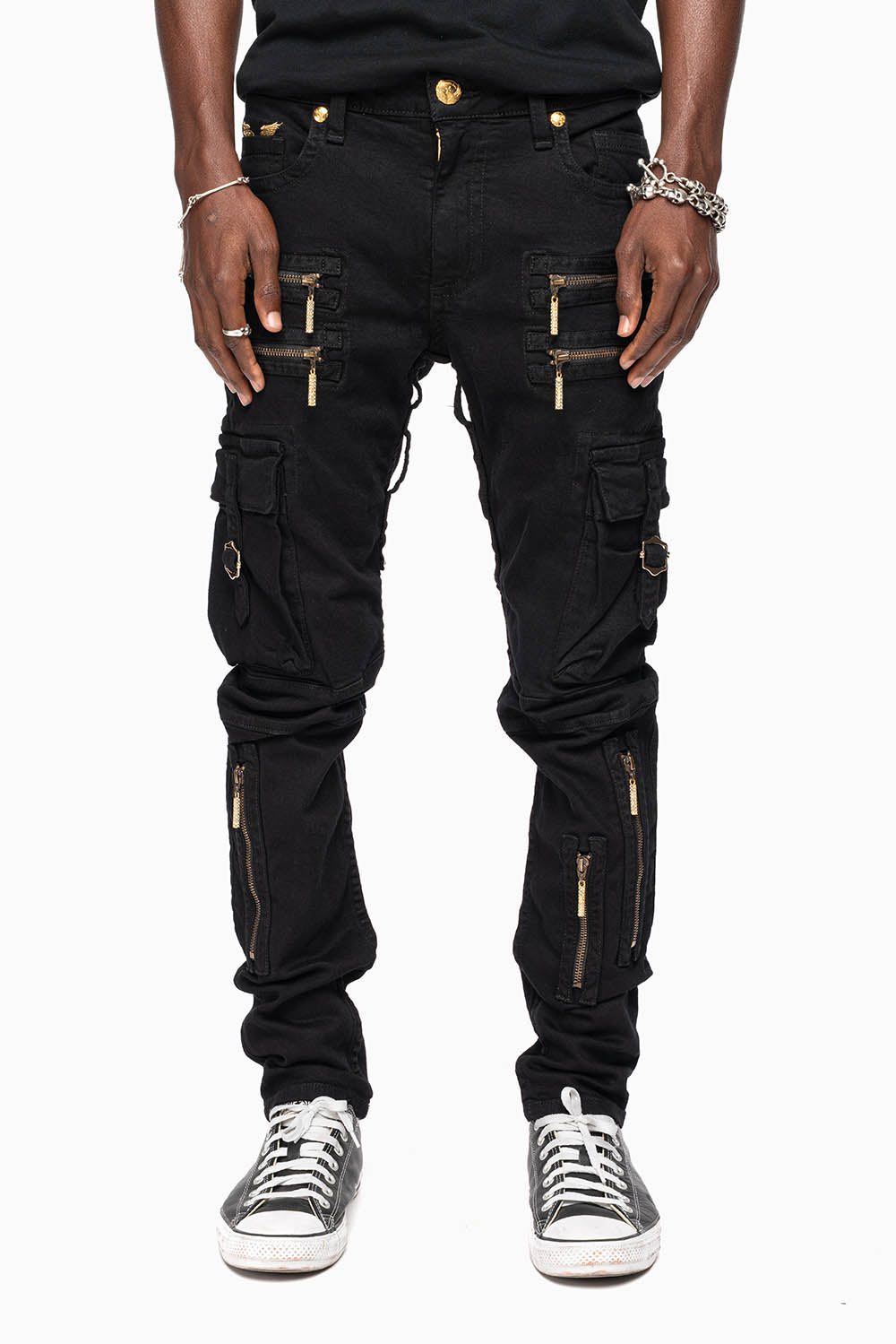 MEN’S  MILITARY STYLE CARGO MOTO- ZIP JEANS IN PURE BLACK